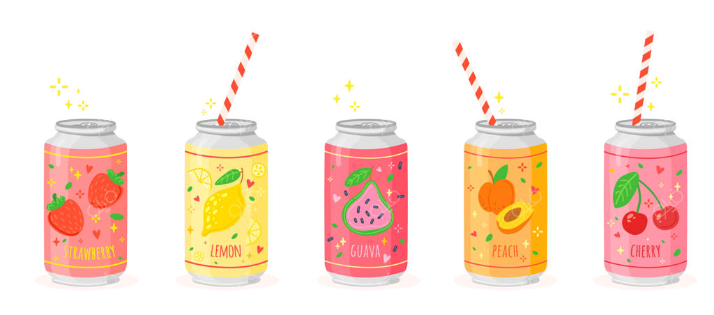 وکتور کارتونی قوطی‌های نوشابه و آبمیوه گازدار با طعم گیلاس، هلو و توت‌فرنگی؛ طرح دستی نوشیدنی خنک در قوطی آلومینیومی