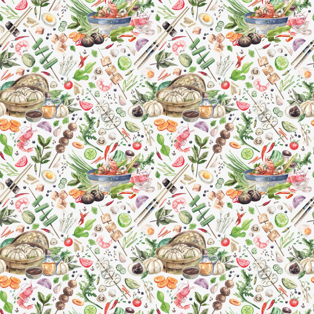 پترن یکپارچه آبرنگی با غذای سنتی آسیایی روی پس‌زمینه سفید