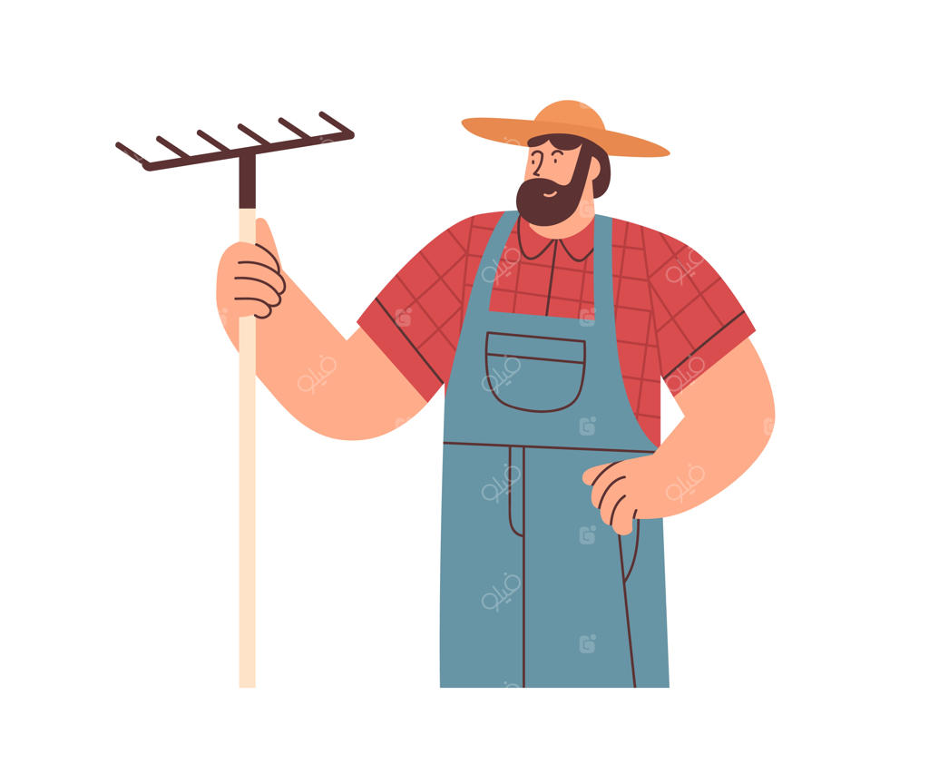 پرتره کشاورز با چنگک. کارگر مزرعه با کلاه حصیری. مرد روستایی ریش‌دار با ابزار در دست. تصویرسازی برداری ساده، جدا شده بر روی زمینه سفید.