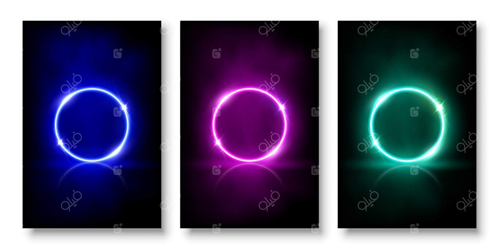 مجموعه‌ای از پس‌زمینه‌های انتزاعی با دایره‌های نئون درخشان و پرتوهای برقی در مه