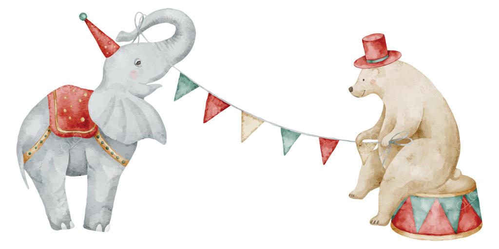 تصویر آبرنگی از فیل سیرک و خرسی که یک ریسه رنگارنگ در دست دارد. طراحی حیوانات کارناوال برای کارت‌های تبریک حمام نوزاد یا دعوت‌نامه‌های کودکانه. هنر برای کارت‌های تبریک نمایش‌ها