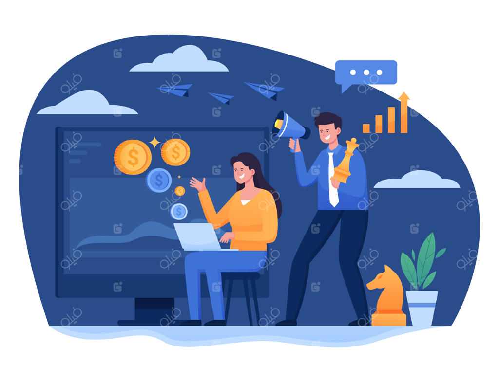 تصویر زنی و پسری با بلندگو در یک کمپین تبلیغاتی دیجیتال