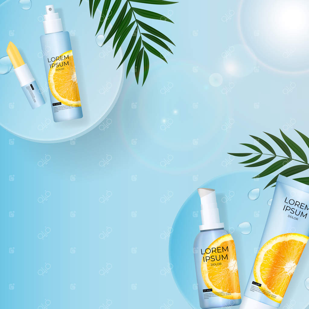 بطری کرم ضد آفتاب سه‌بعدی واقع‌گرایانه با برگ‌ نخل، سکوی نمایش و پرتقال.