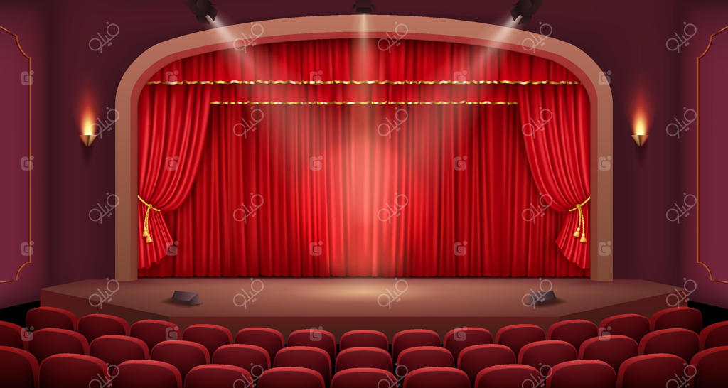 تصویر سه‌بعدی دقیق از صحنه‌ی یک تئاتر کلاسیک با قوس، پرده‌های مخملی قرمز لوکس و دیوارکوب‌های شیک که فضایی مجلل خلق می‌کند.