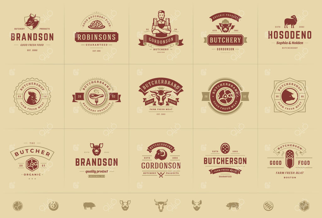 مجموعه لوگوهای قصابی مناسب برای مزرعه یا رستوران با طرح حیوانات و گوشت
