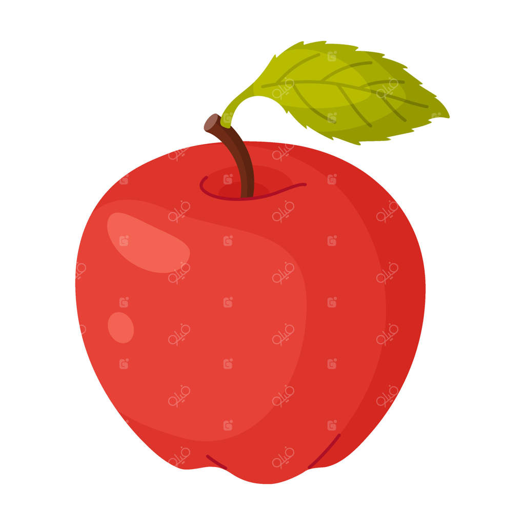 سیب سرخ رسیده با برگ، میوه تازه باغ. نقاشی دستی خوراکی. میوه کامل با برگ سبز، سبک تخت، پس‌زمینه شفاف. تصویرسازی
