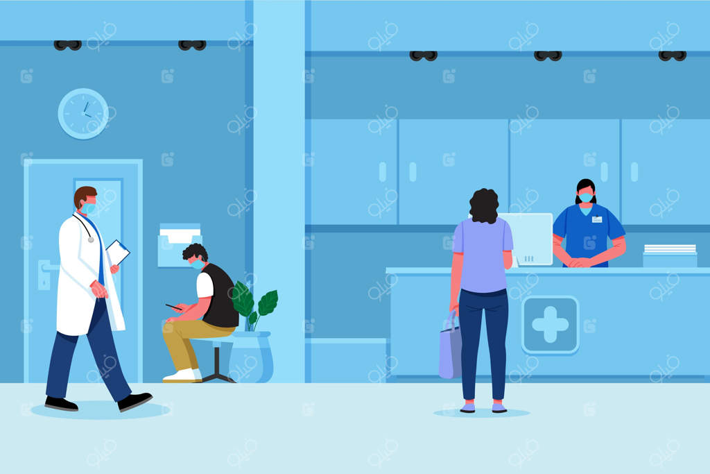 صحنه ای از پذیرش بیمارستان به صورت دستی طراحی شده با افرادی که ماسک به صورت دارند