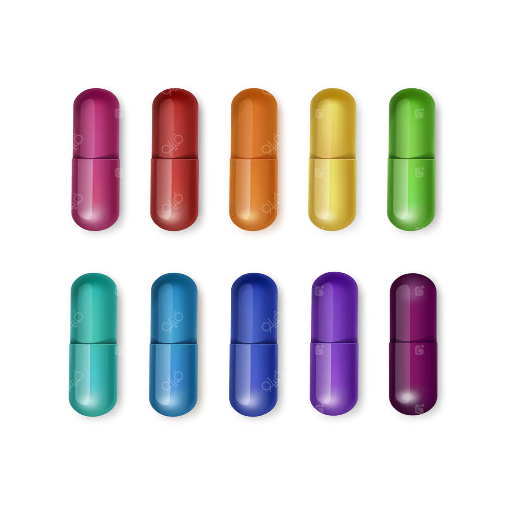 مجموعه ای از کپسول های رنگارنگ بر روی زمینه سفید