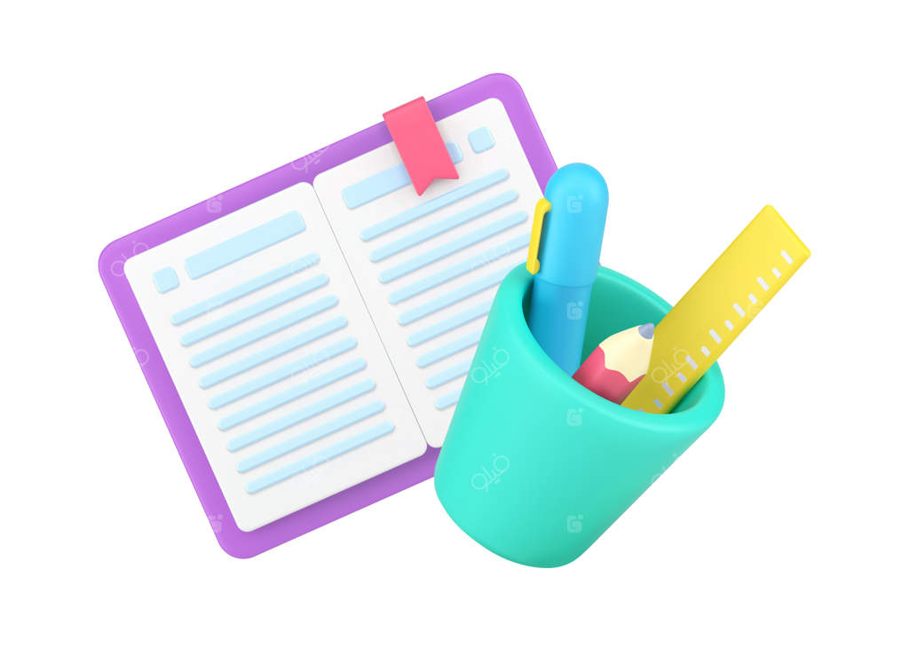 دفترچه با نوار نشانگر و لوازم‌التحریر در لیوان پلاستیکی - آیکون ایزومتریک سه‌بعدی  
دفتر برنامه‌ریزی، مطالعه و تحلیل - لوازم جانبی کسب‌وکار