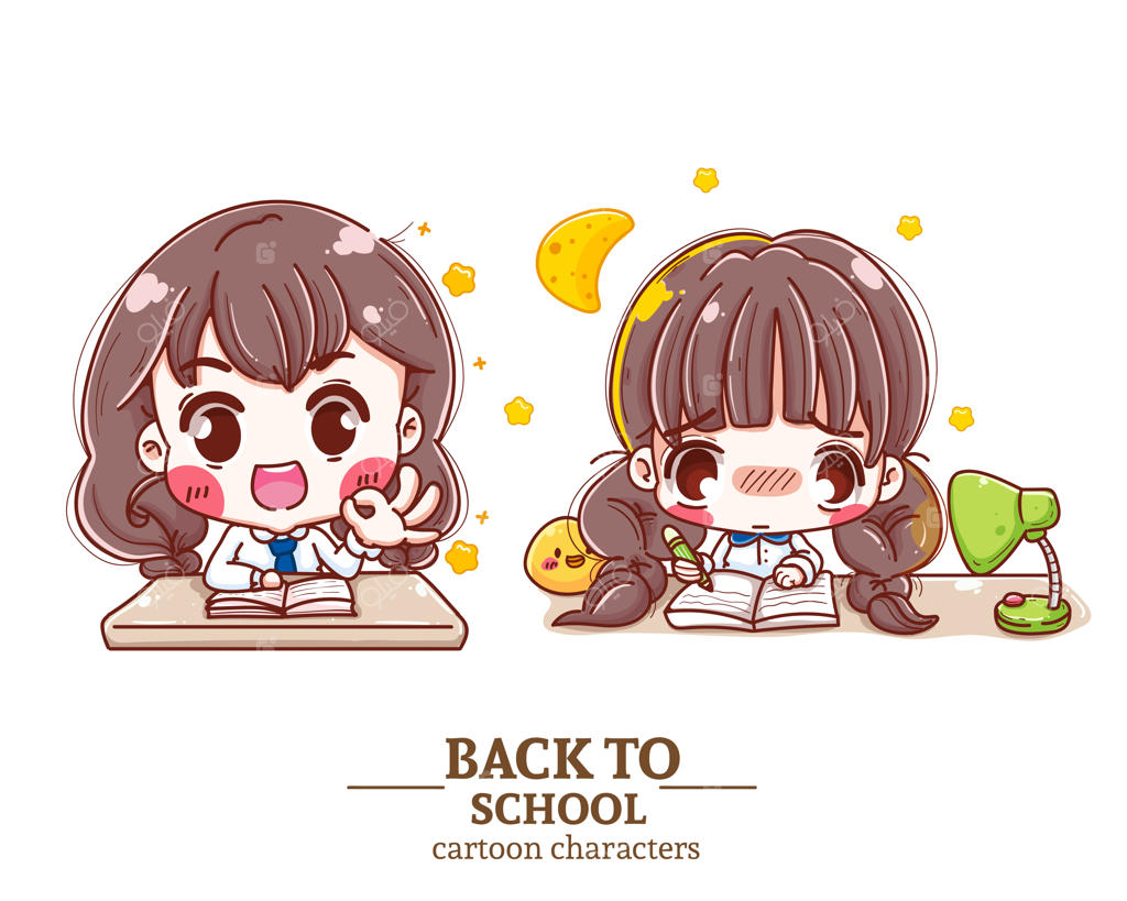 لوگو و تصویرسازی کارتونی بازگشت به مدرسه؛ دانش‌آموز با لباس فرم، کتاب و دفتر مشق