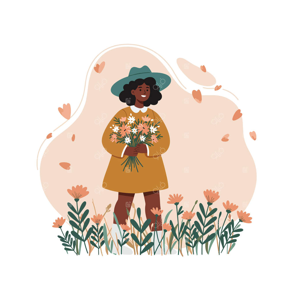 زن جوان خوشحال با دسته‌گل در باغ، با کلاه سبز و لباس قهوه‌ای - تصویرسازی