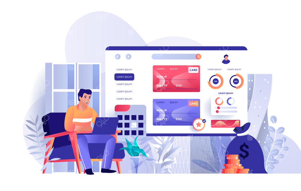 تصویرسازی نمای بانکداری آنلاین با کاراکترهای افراد در طراحی فلت