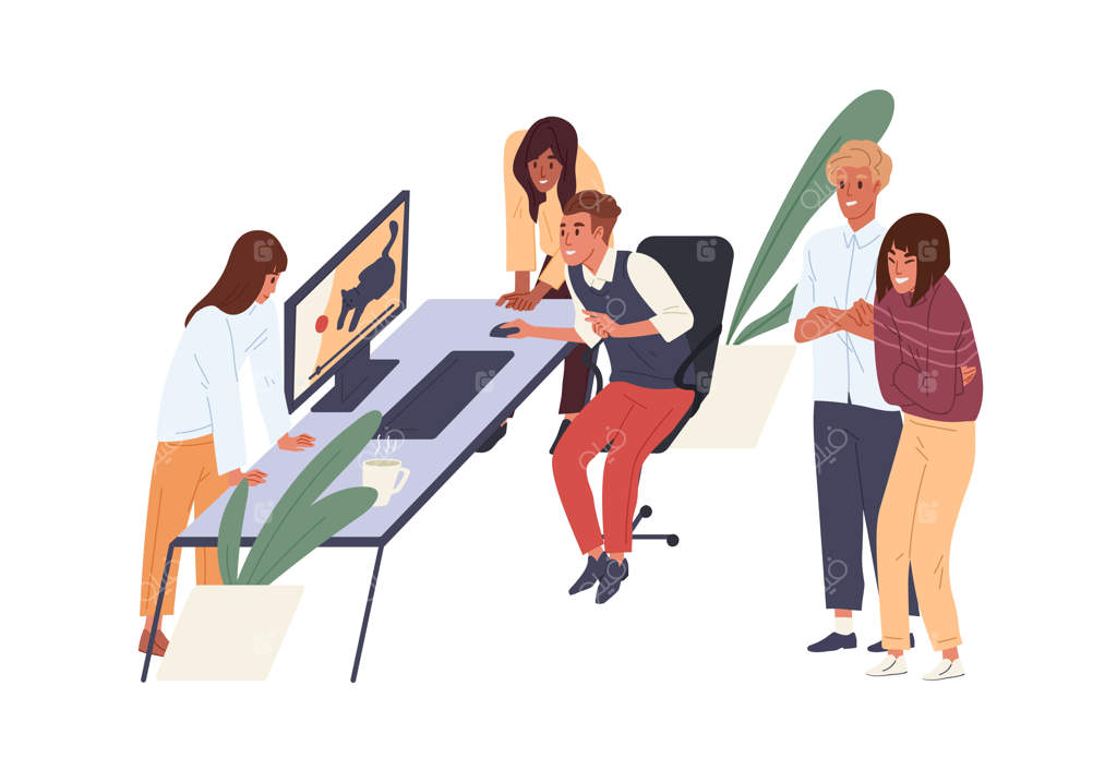 مردم در حال خوشگذرانی و تماشای ویدئوهای خنده‌دار در دفتر. همکارانی که وقت خود را در محیط کار با سرگرمی می‌گذرانند. تصویرسازی رنگی و مسطح از کارمندان خوشحال.