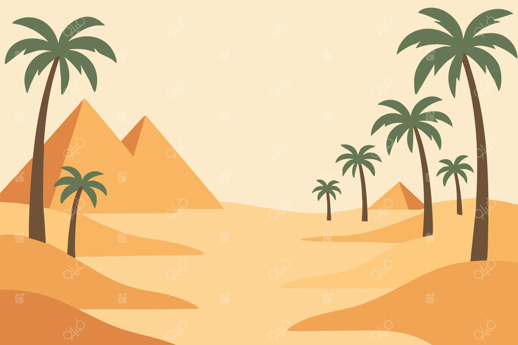 چشم‌انداز کویری با اهرام و درختان نخل در پس‌زمینه