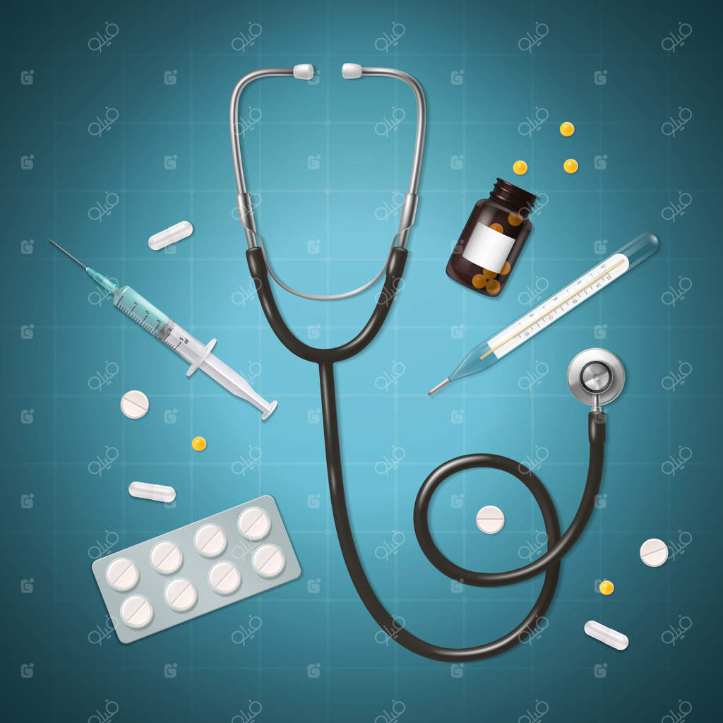 تصویر واقع‌گرایانه پزشکی با دماسنج جیوه‌ای، سرنگ، گوشی پزشکی، بسته قرص‌ها و شیشه ویتامین‌ها - تصویر برداری وکتور