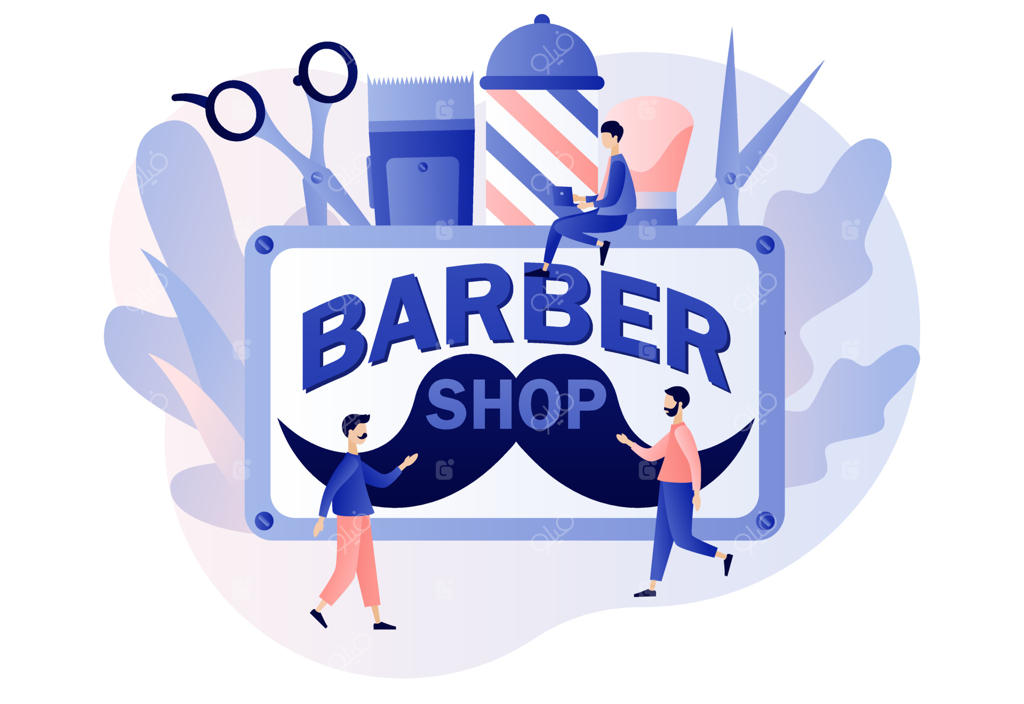 آرایشگاه: مردان کوچک و آرایشگران، مراقبت از مو و ریش. خدمات کوتاهی مو، تریم ریش و اصلاح. سالن آرایش مردانه. تصویرسازی مدرن کارتونی در پس‌زمینه سفید.