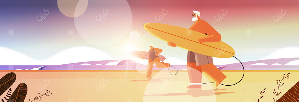 زوج سالخورده با تخته‌های موج‌سواری: پیرمرد و پیرزن موج‌سوار با تخته‌های موج‌سواری، تعطیلات تابستانی و مفهوم دوران سالمندی فعال