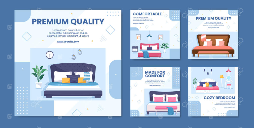 تصویرسازی وکتور قالب پست شبکه‌های اجتماعی با نمای داخلی اتاق خواب و پس‌زمینه کارتونی تخت