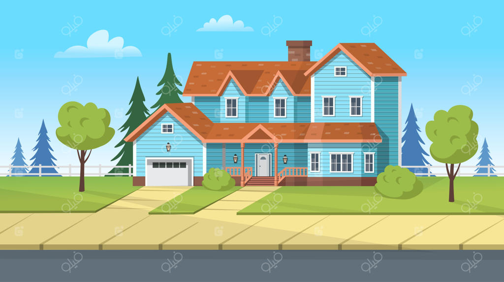 ساختمان نما: خانه حومه‌شهری با گاراژ و چمن‌زار سبز. تصویرسازی کارتونی وکتور برای بازی‌ها یا انیمیشن‌ها.