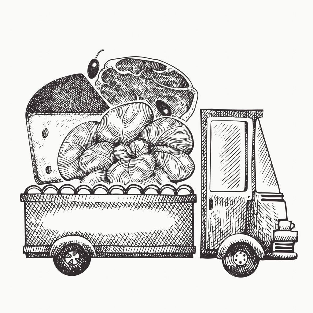 لوگوی تحویل فروشگاه مواد غذایی: تصویر دستی کامیون با سبزیجات، پنیر و گوشت. طراحی غذا به سبک حکاکی شده و قدیمی.