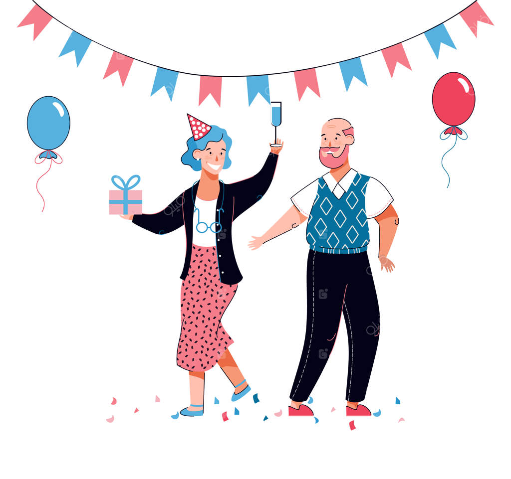 زوج مسن در جشن تولد با کلاه مهمانی، بادکنک‌ها و جعبه هدیه