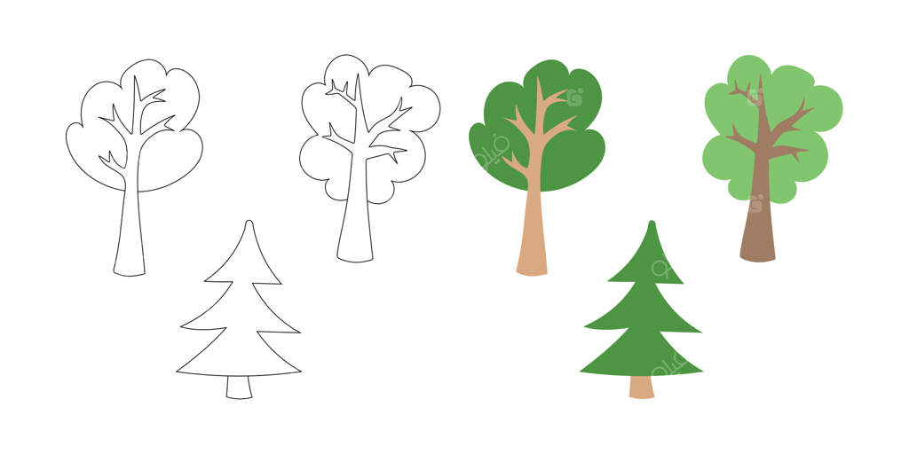 درختان کارتونی فانتزی با تاج‌های سبز پر و تنه‌های قهوه‌ای ساده که در یک تصویرسازی شاداب و طبیعی از جنگل برای نمایش‌های زیست‌محیطی و باغبانی ایستاده‌اند