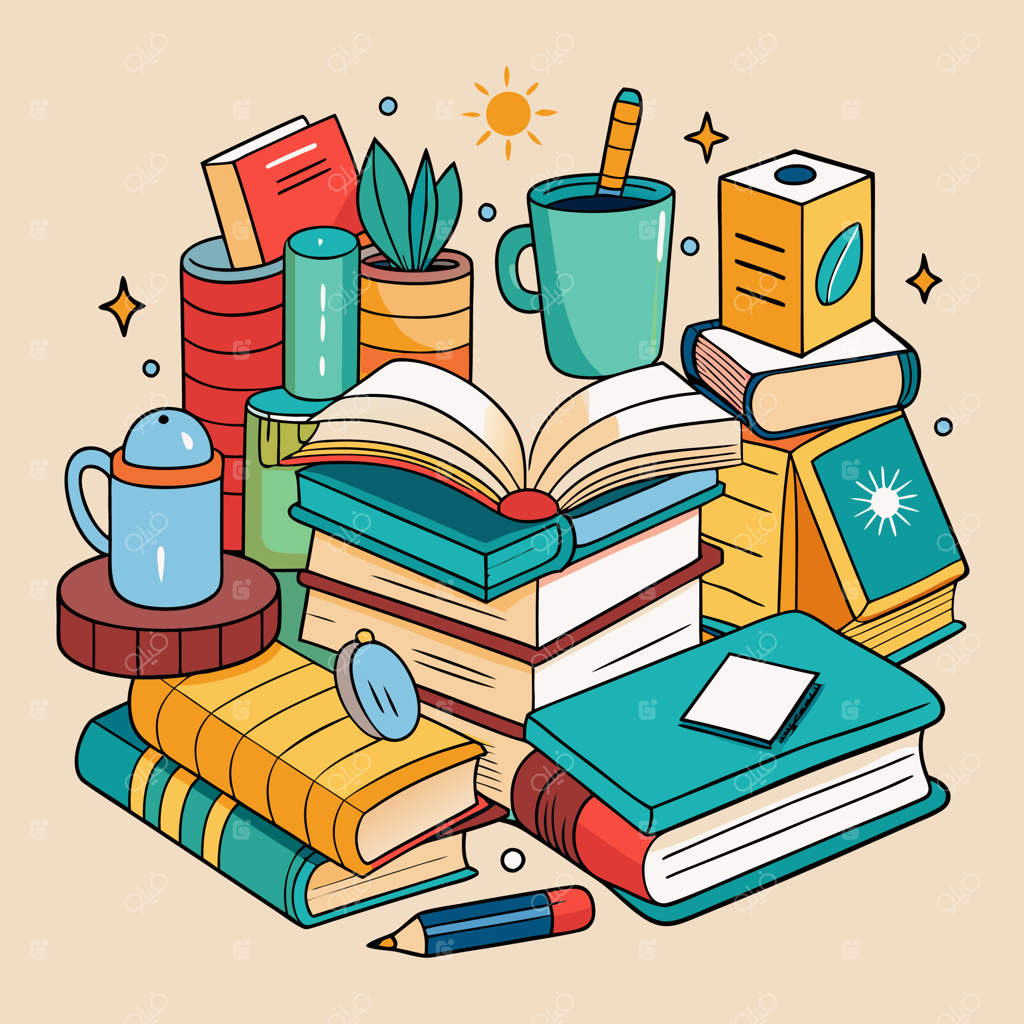 تصویرسازی آموزشی خلاقانه و رنگارنگ با کتاب‌ها و لوازم التحریر مدرسه