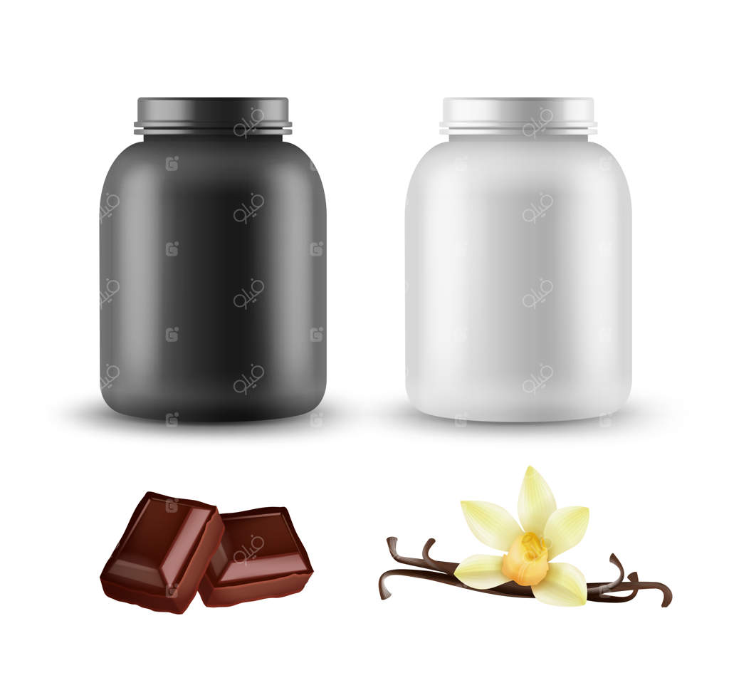 مجموعه‌ای از قالب‌های بسته‌بندی تغذیه ورزشی روی زمینه سفید