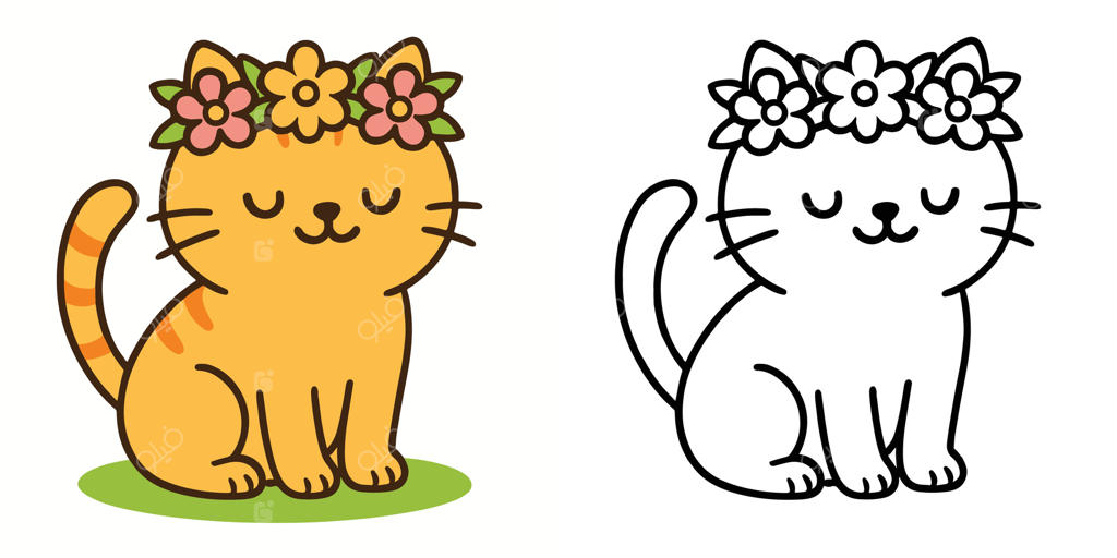 کتاب رنگ‌آمیزی برای کودکان: تصویر کارتون گربه بامزه با تاج گل