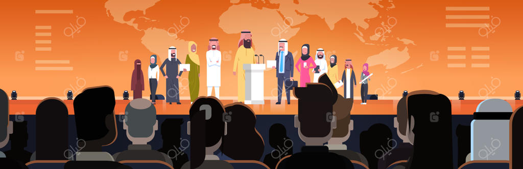 گروهی از تاجران عرب در نشست کنفرانس یا ارائه: مفهوم آموزش شرکتی سخنرانان عرب