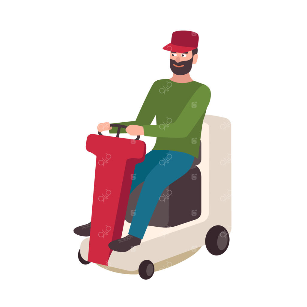 مرد ریش‌دار خوشحال روی ماشین چمن‌زن نشسته، در پس‌زمینه‌ای سفید. شخصیت کارتونی مرد در حال رانندگی با ماشین برقی. سرایدار، باغبان، محوطه‌کار. تصویر رنگارنگ به سبک فلت.