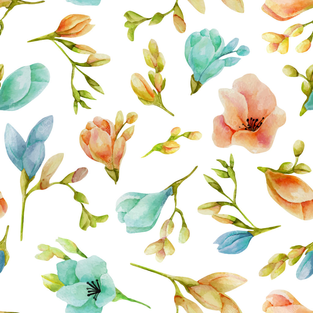 پترن بدون درز گل‌های فریزیای آبرنگی آبی و گلبهی