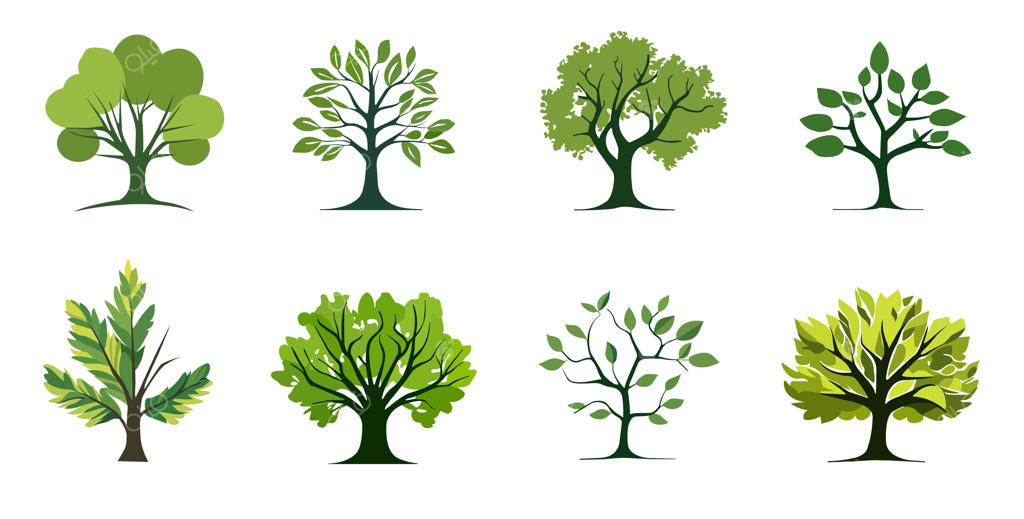 مجموعه تصویرسازی وکتور درختان سبز و المان‌های طراحی، جدا شده روی پس‌زمینه سفید