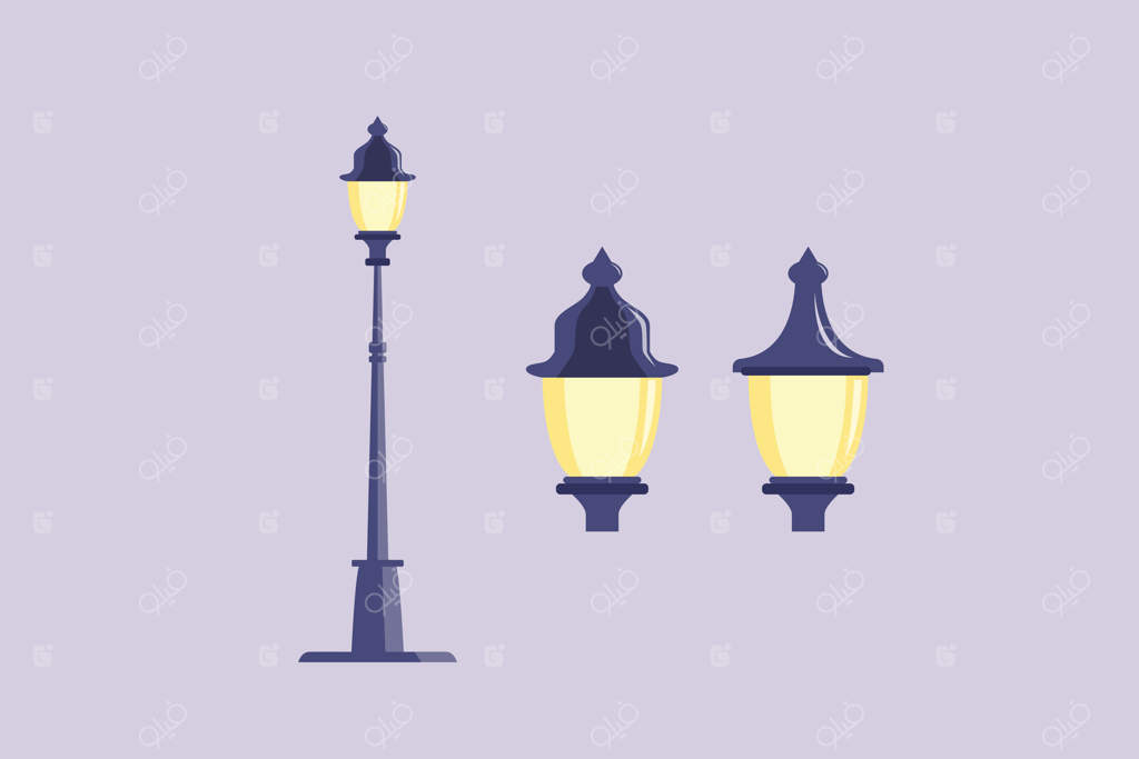 چراغ‌های باغ. طراحی نیمکت پارک. تصویرسازی رنگی و تخت، مجزا.