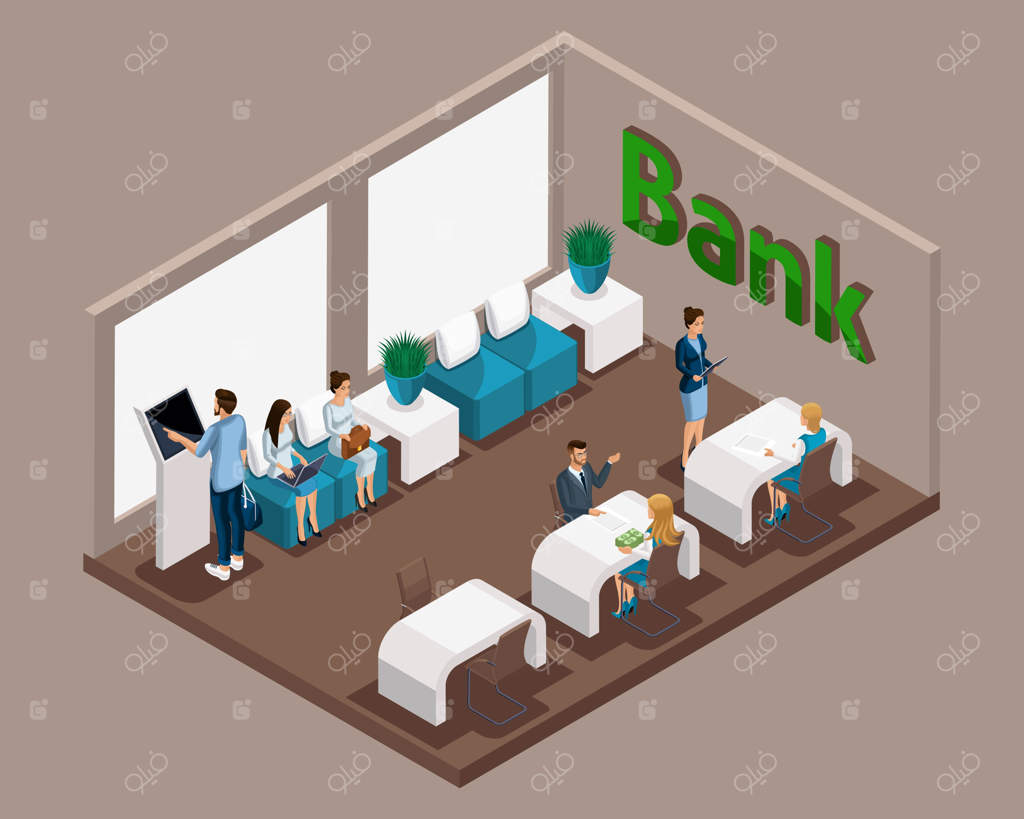 دفتر ایزومتریک بانک، کارمندان بانک به مشتریان خدمات می‌دهند، سیستم نوبت‌دهی الکترونیکی، سالن انتظار، مشتریان بانک منتظر نوبت خود برای مشاوره هستند.