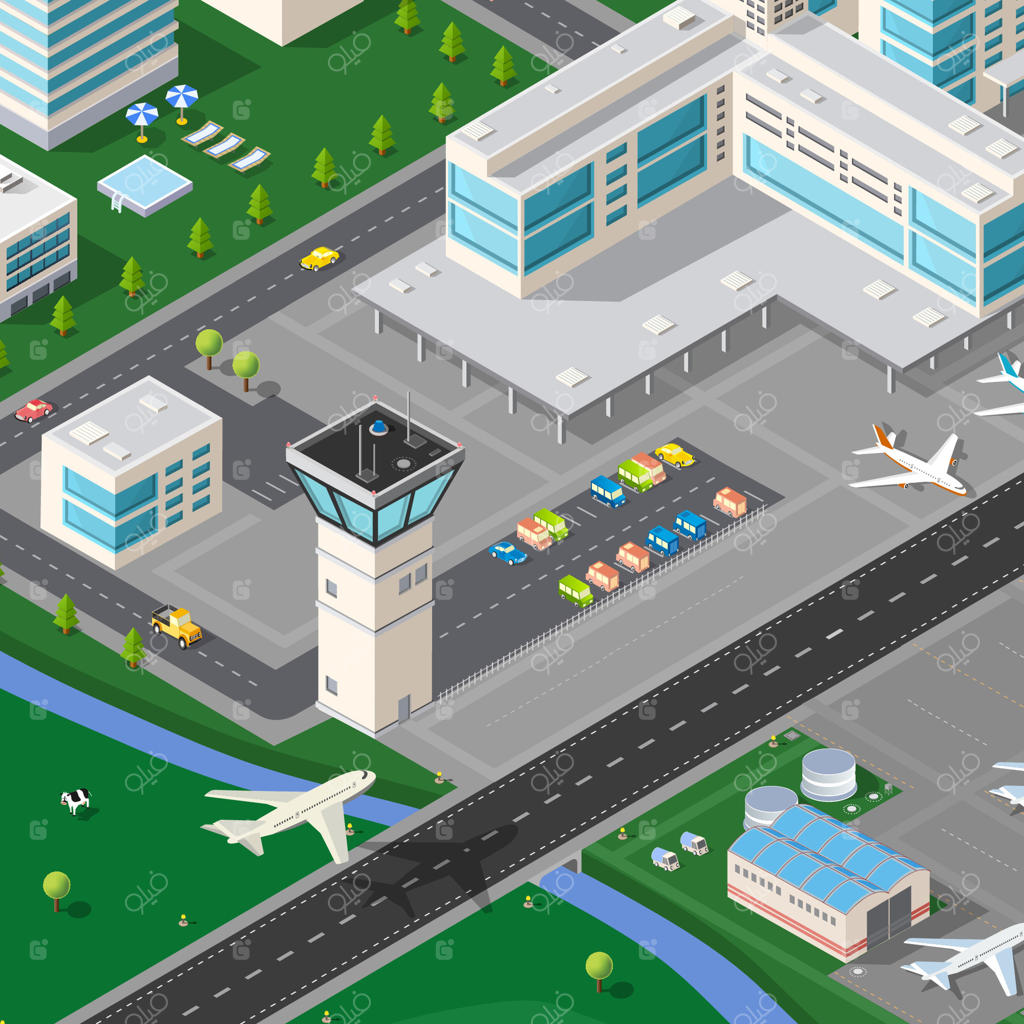 فرودگاهی با یک هواپیما و یک خودرو