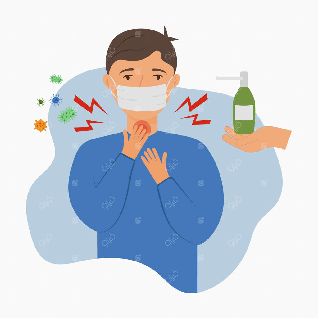 مردی با گلودرد که ماسک زده و به ویروس‌ها و باکتری‌های آنفولانزا آلوده‌شده برای درمان گلودرد