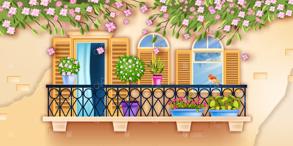 تصویر نمای بالکن در شهر قدیمی در بهار