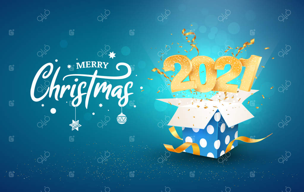 تصویرسازی سال نو مبارک ۲۰۲۱. جشن کریسمس مبارک. اعداد طلایی از جعبه هدیه آبی بیرون می‌آیند