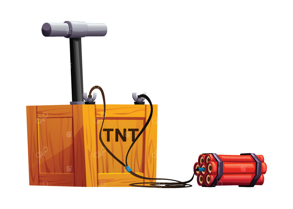 جعبه چاشنی دینامیت متصل به بسته‌ای از چوب‌های دینامیت قرمز. تصویر کارتونی