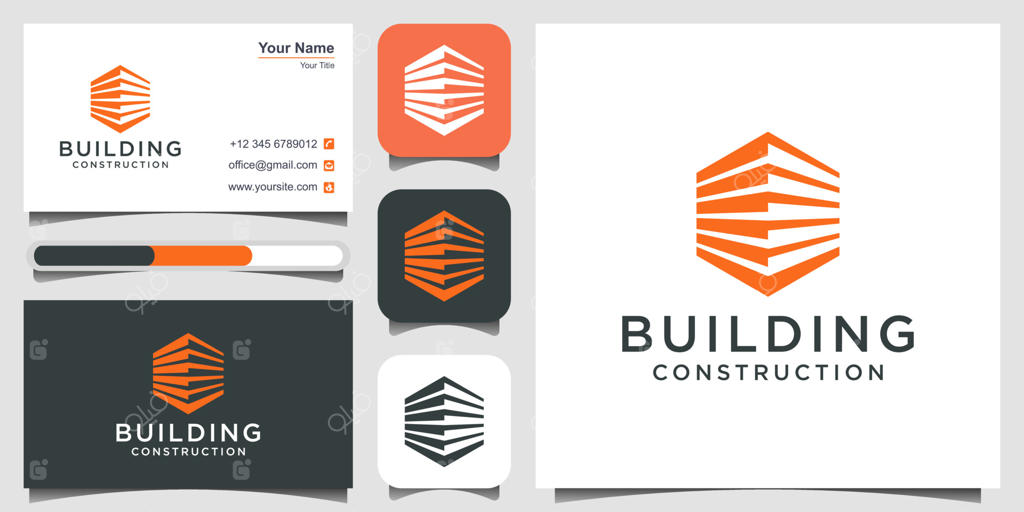 الگوی طراحی لوگوی ساخت و ساز: طراحی انتزاعی لوگو برای الهام‌گیری. لوگو، 3 نشانه کوچک و کارت ویزیت. وکتور با کیفیت بالا.