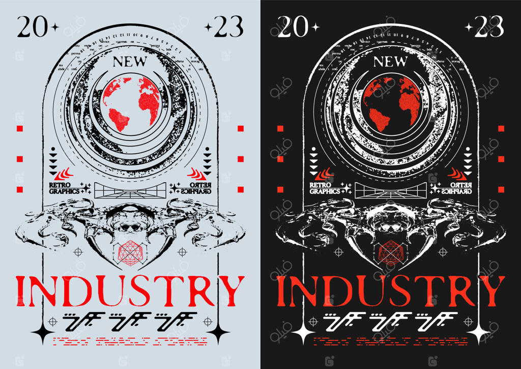 پوستر رترو فوتوریستی با عناصر انتزاعی و نوشته "صنعت نوین" با طراحی تکنو و چاپ شیک
