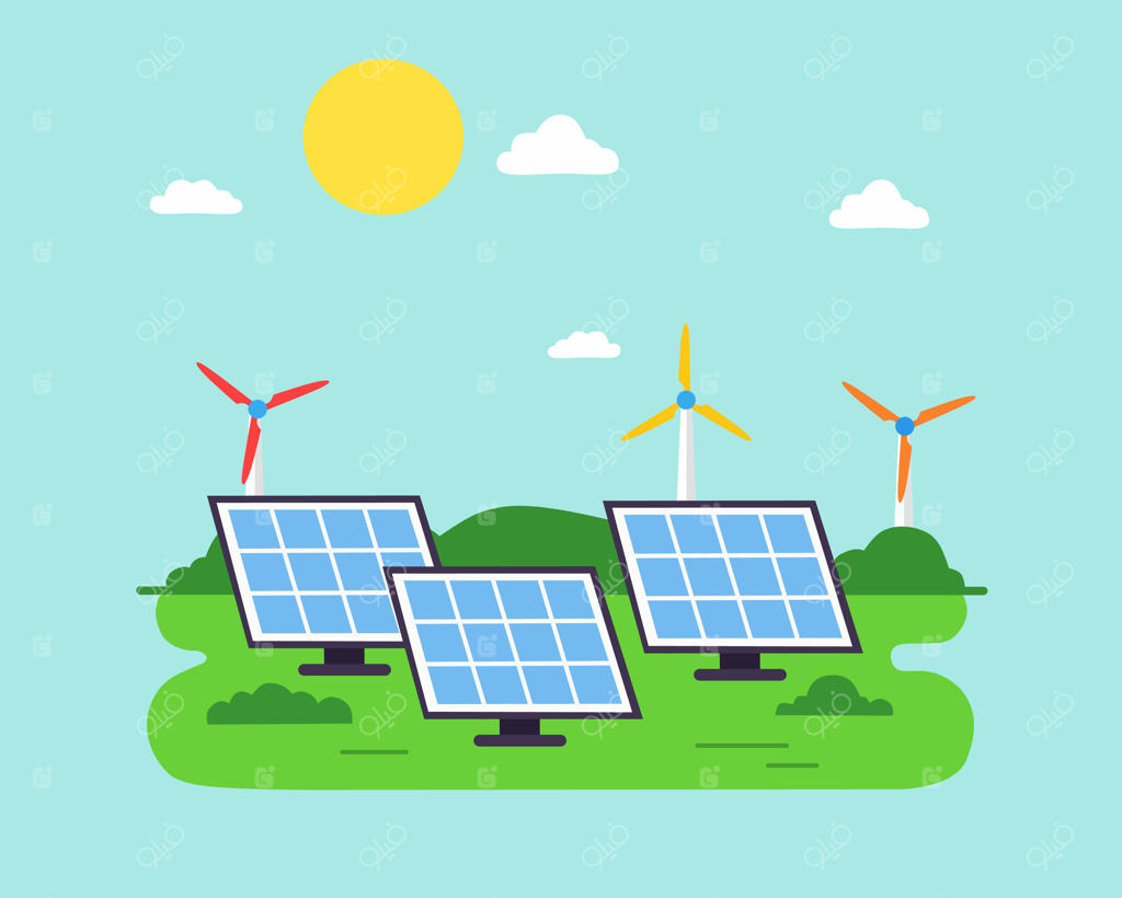 تصویری از صفحات خورشیدی و توربین‌های بادی در میدانی سبز زیر آسمانی آفتابی، نماد تولید انرژی پاک، تجدیدپذیر و پایدار