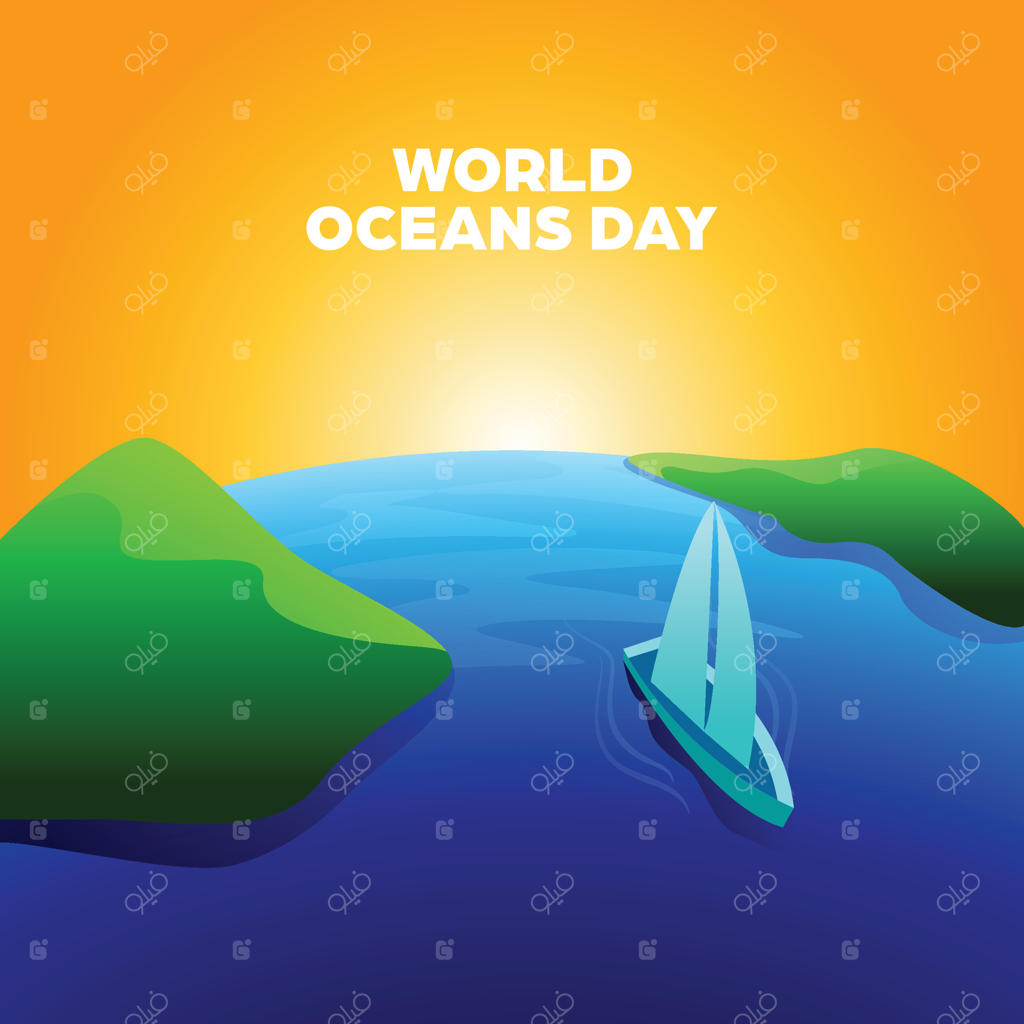 تصویر روز جهانی اقیانوس‌ها با قایق بادبانی و طلوع خورشید - مناسب برای پست‌ها، کمپین‌ها یا تبلیغات درباره دریا و محیط زیست