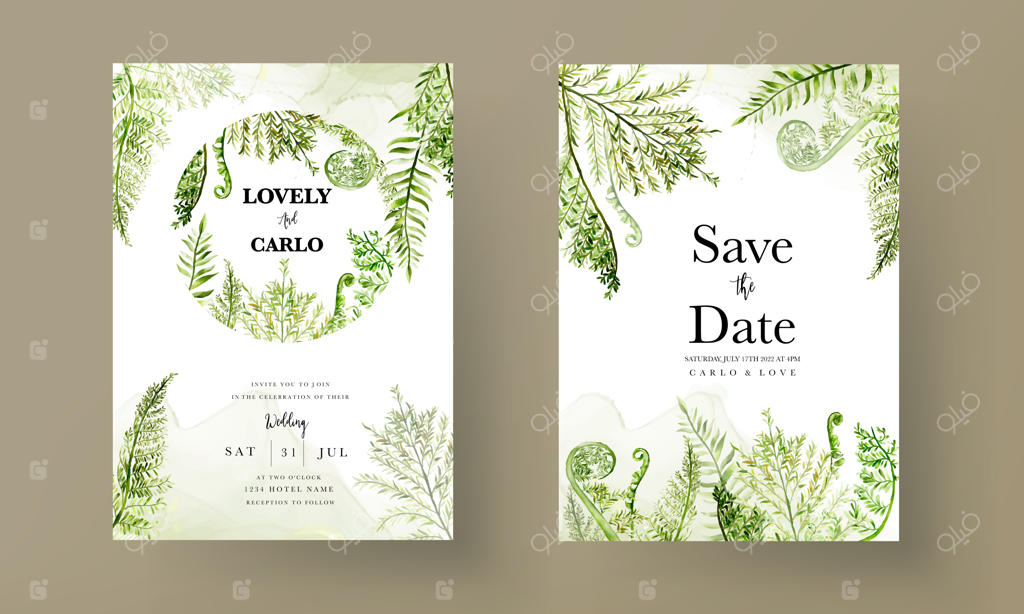 کارت دعوت عروسی با طرح زیبای سرخس آبرنگی