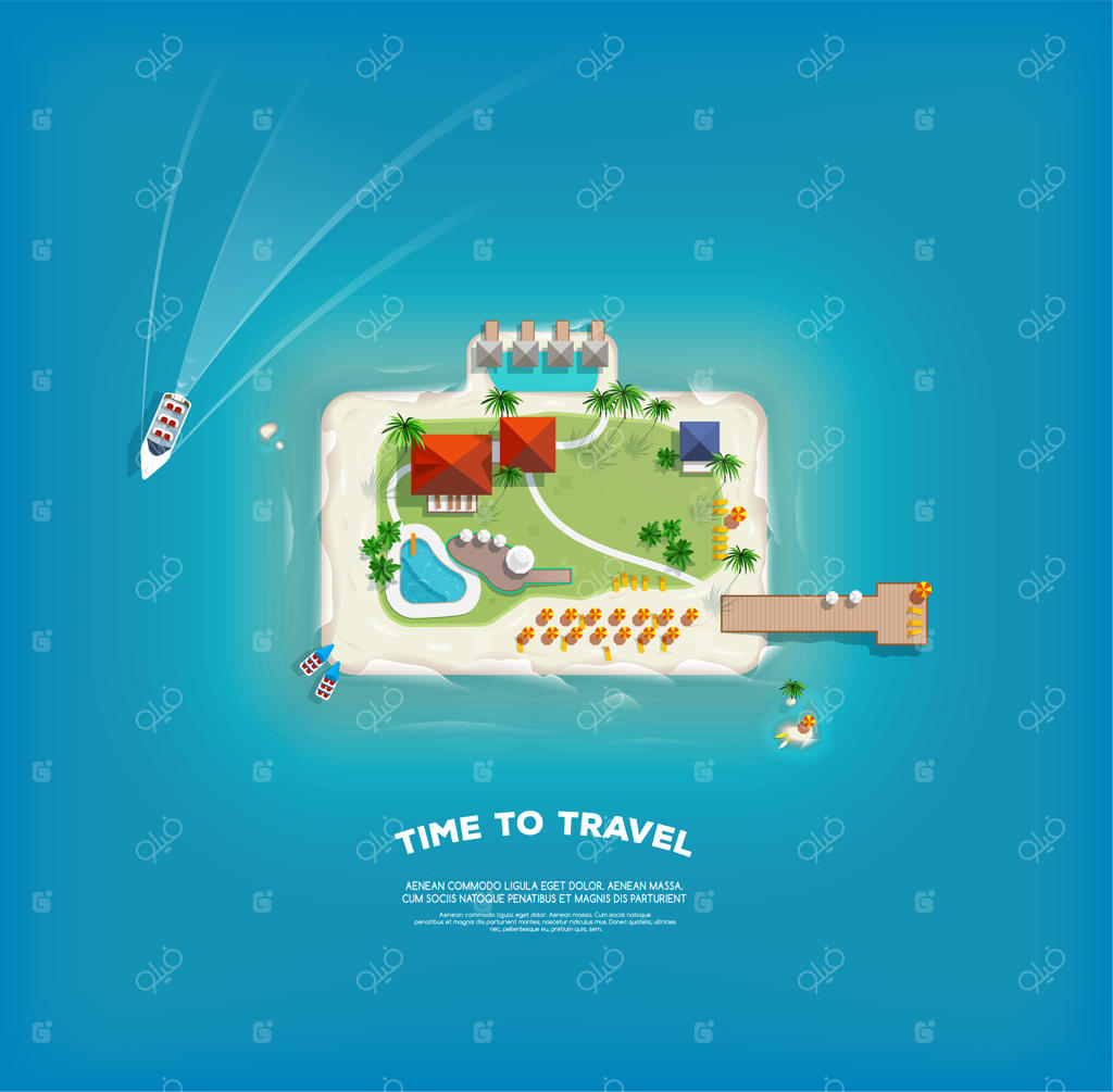 نمایی از بالا جزیره به شکل چمدان. زمان سفر و پوستر تعطیلات. سفر و گردشگری.