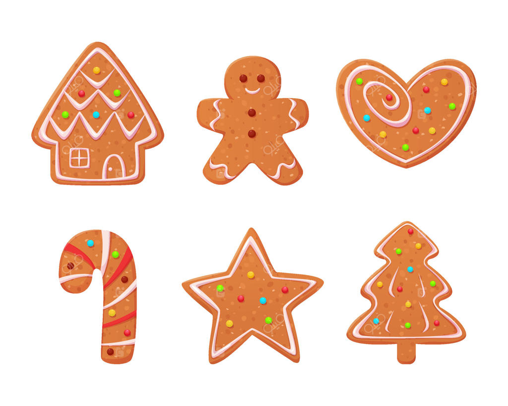ست کوکی‌های زنجبیلی کریسمس. کوکی‌های زمستانی به شکل مرد زنجبیلی، خانه، ستاره، درخت کریسمس، قلب و آب‌نبات. دسرهای شیرین و بامزه تزئین شده با آیسینگ. تصویر کارتونی در پس‌زمینه‌ای جداگانه