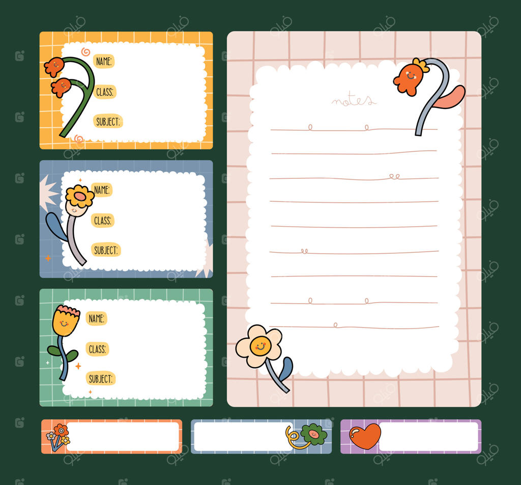 مجموعه‌ای از عناصر جذاب و رنگارنگ دفترچه نویسی شامل برچسب‌ها و استیکرها برای استفاده در برنامه‌ریزی و تزیینات خلاقانه رومیزی