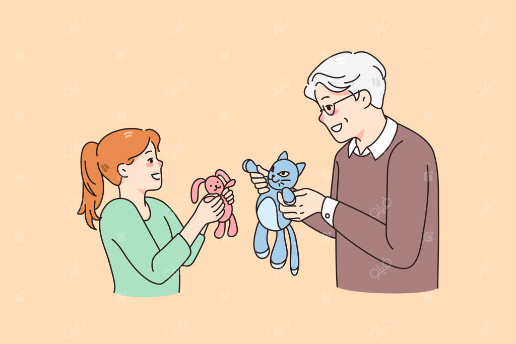 پدربزرگ شاد با نوه‌ی کوچکش عروسک‌بازی می‌کند