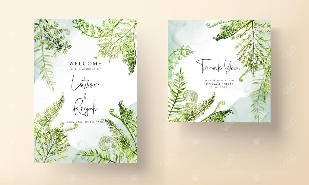 کارت دعوت عروسی با طرح آبرنگی زیبا از برگ‌های سرخسی سبز